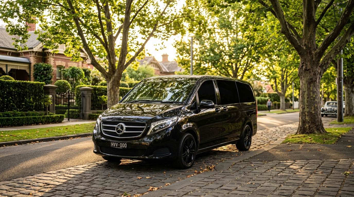 Armdale chauffeur Melbourne - Mercedes V-Class luxury van on tree-lined Armadale residential avenue