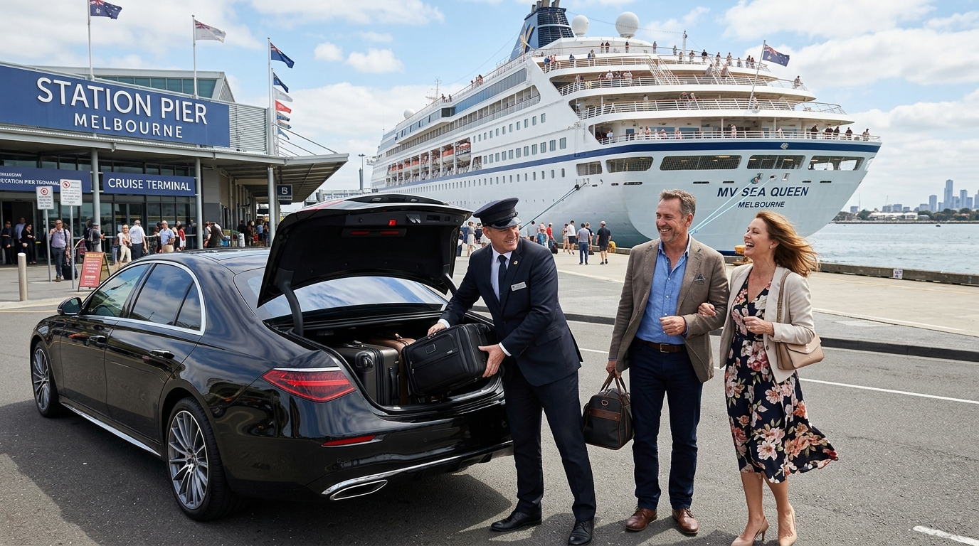 Cruise transfer chauffeur-melbourne - Uniformed chauffeur loading heavy suitcases into Mercedes S-Class for smiling couple disembarking at Station Pier