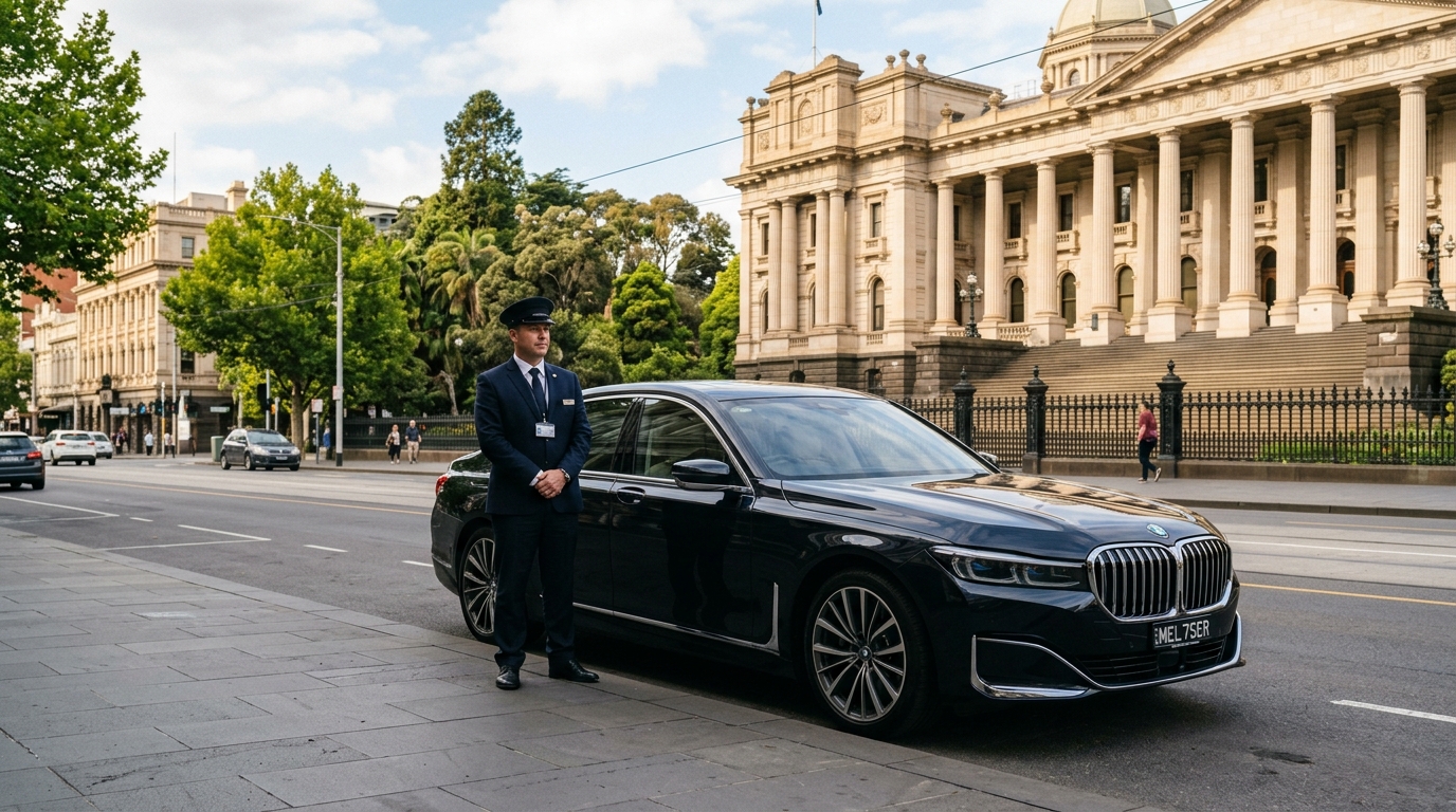 Parliament house chauffeur-melbourne - Professional chauffeur in dark suit standing beside BMW 7 Series on Spring Street near Treasury Gardens